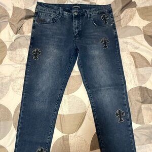 Chrome Hearts Slim Fit Stretch Denim Cross Patch Jeans Dark Wash Size 36